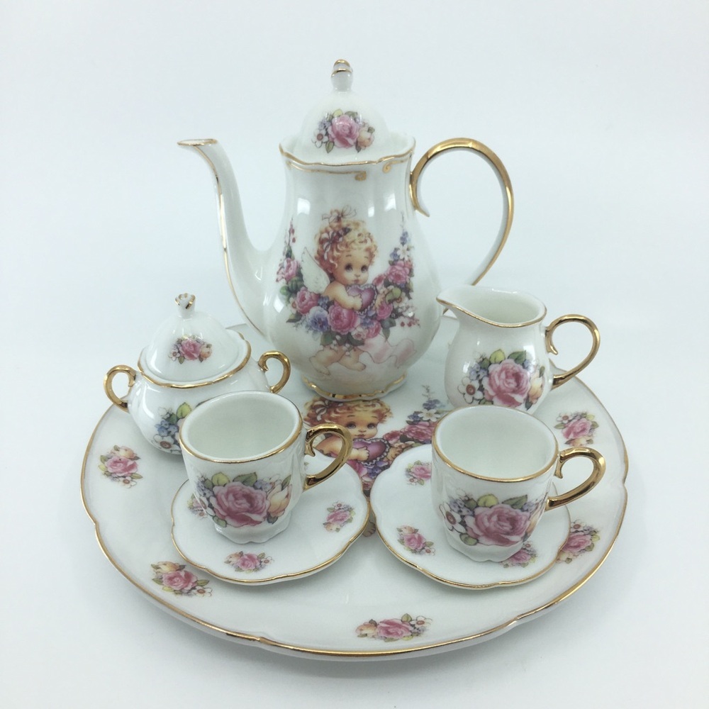 Vintage Children's Mini Tea Set White Porcelain Angel Pink Floral Gold Trim 10pc